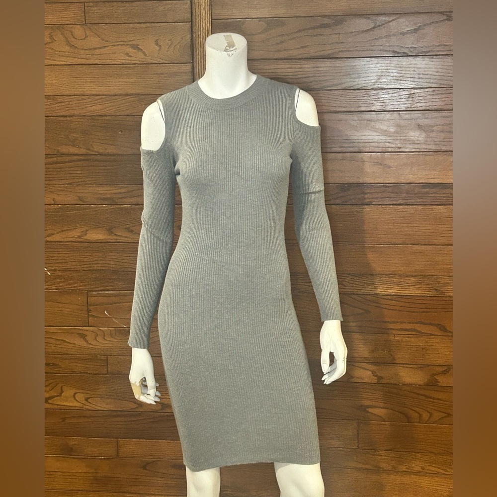 Another Story. Ribbed. Stretch. Elegant Gray Cold Shoulder Dress. Medium - Picture 1 of 3